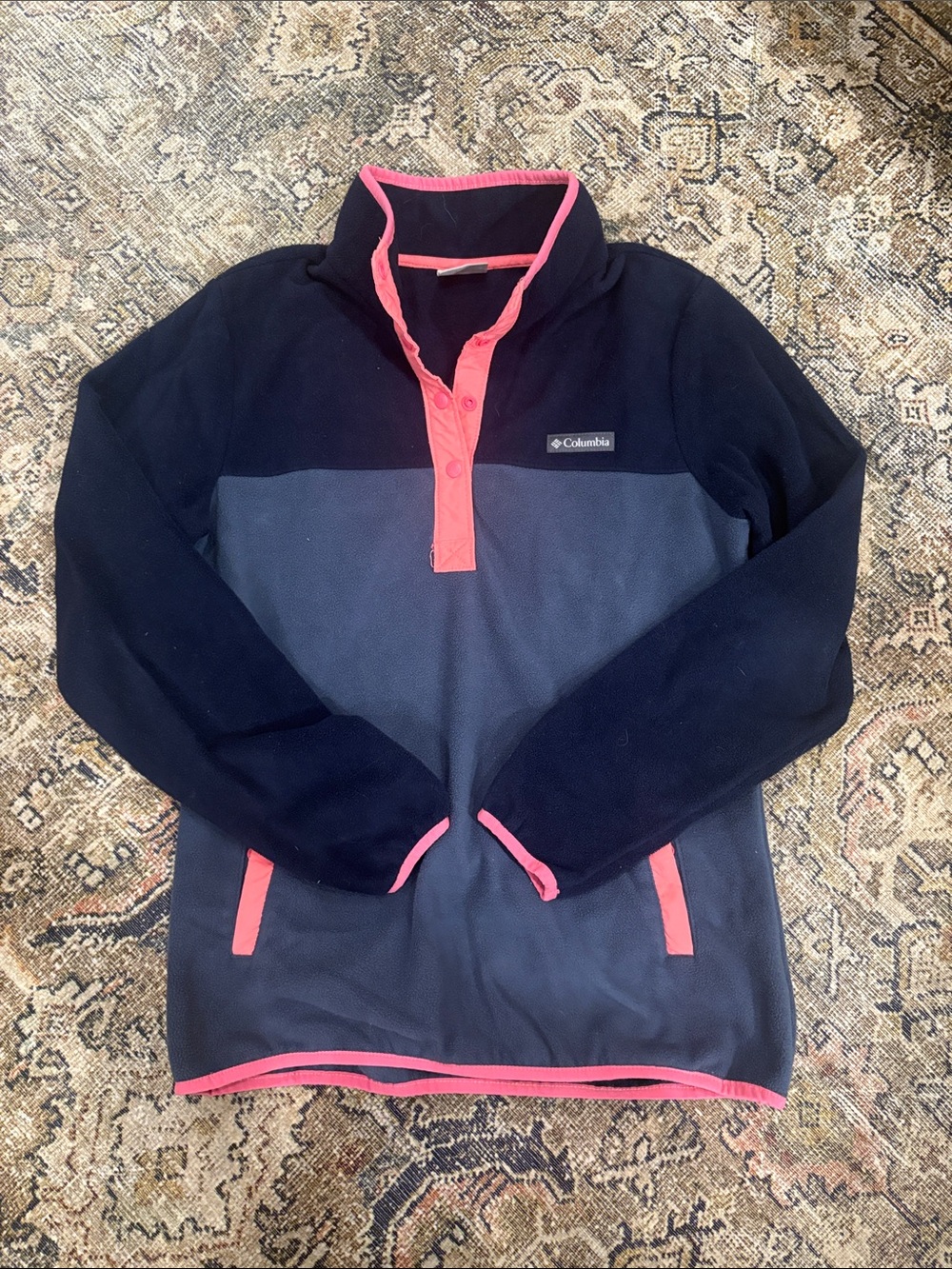 Columbia Women’s Navy and Blue Button Fleece with Pink Trim - Size Medium